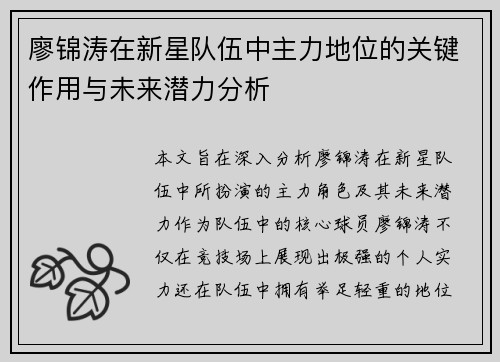 廖锦涛在新星队伍中主力地位的关键作用与未来潜力分析