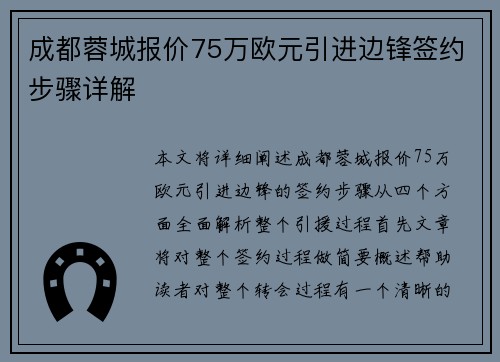 成都蓉城报价75万欧元引进边锋签约步骤详解